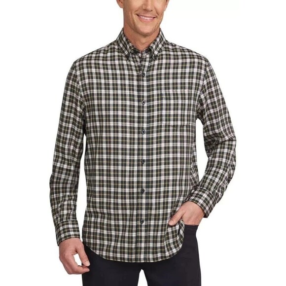 Lands End Brushed Twill Button Down Shirt Green Yellow Plaid Medium NWT - Picture 1 of 13